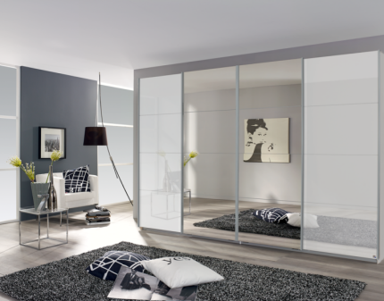 Dulap cu usi glisante SYNCRONO 316x230x62cm alb alpin/ sticla alba - oglinda configurabil