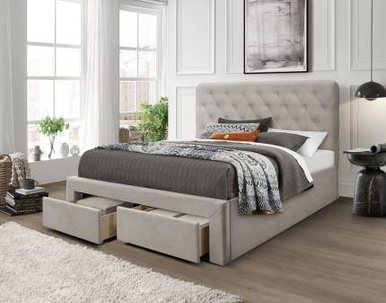 Pat tapitat cu somiera si sertare pentru depozitare MARISOL (160x200cm) catifea beige