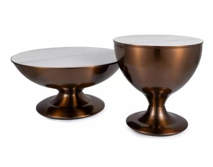 Set 2 masute SALSA din ceramica cu efect de marmura alb mat, cadru metalic cupru lucios 75xH38cm / 52xH50cm