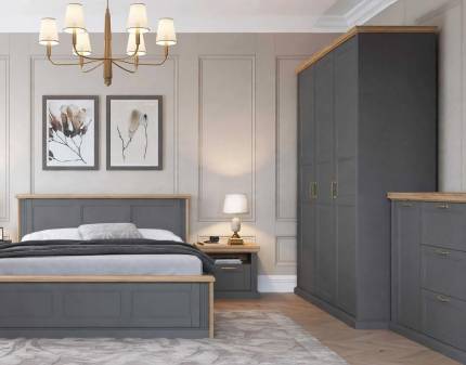 Set dormitor TARA GREY cadru pat (160x200cm), dulap cu 3 usi cu balamale 181x227x59cm, comoda 138x91x48cm si 2 noptiere grafit/ nuc Pacific 