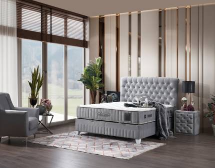 Pat tapitat cu saltea si spatiu pentru depozitare SENSITIVE (160x200cm) grey 