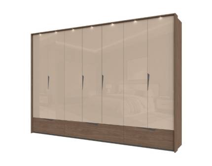 Dulap cu 7 usi cu balamale si 3 sertare LEFT 322x226x60cm Mokka HG lucios + Linkoln Walnut, manere incorporate antracit, cu rama passepartout cu LED  