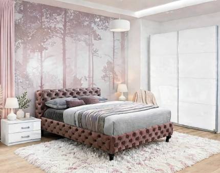 Set dormitor STARNBERG, QUADRA, HERRERA VELVET pat (160x200cm) catifea roz, Starnberg dulap 226x210x62cm alb alpin/ alb lucios, Quadra set 2 noptiere alb alpin/ alb lucios 