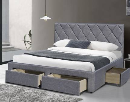 Pat tapitat cu somiera si sertare pentru depozitare BETINA (160x200cm) material textil grey