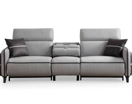 Canapea cu dublu recliner si sound system DELHI cu tetiere reglabile, cusaturi in contrast, port USB, personalizabila 240x95cm