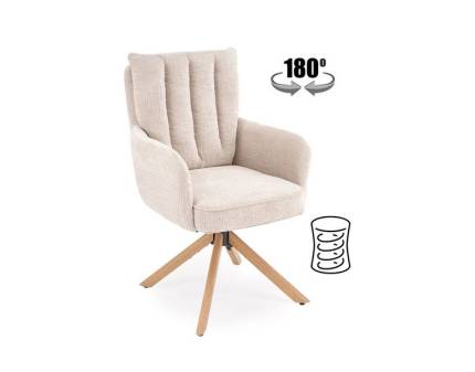 Scaun tapitat K594 rotativ, cu arcuri, material textil beige 60x64xH95cm, picioare nuanta lemnului