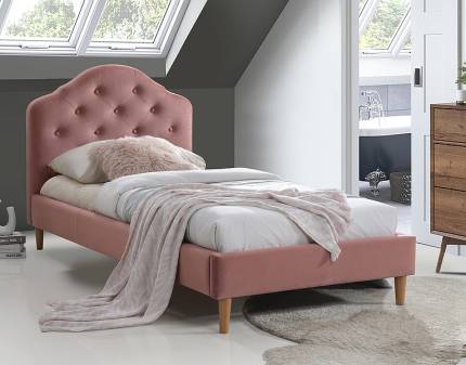 Pat tapitat cu somiera CHLOE VELVET (90x200cm) catifea somon pink, picioare nuanta lemnului