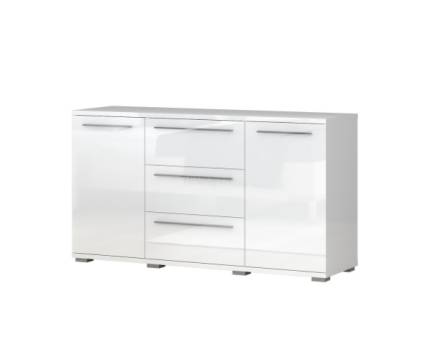Comoda cu 2 usi si 3 sertare PIANO WHITE 153x85x45cm alb lucios, manere crom 