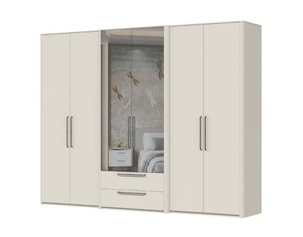 Dulap cu 6 usi cu balamale si 2 sertare AIR 290x225x56cm Pepper White/ oglinda, manere antracit 
