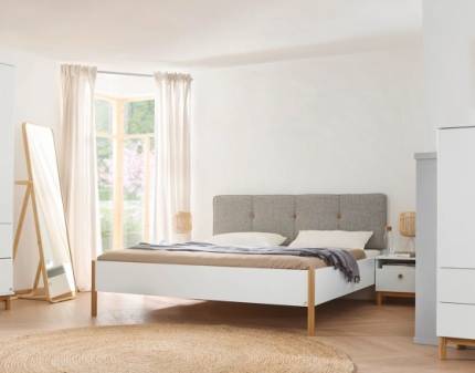 Cadru pat FREYJA (180x200cm) alb alpin/ material textil grey, picioare nuanta lemnului