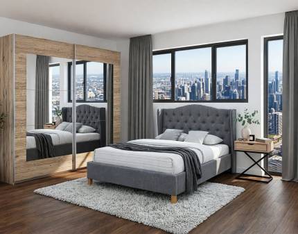 Set dormitor ALEGRO, LIZ I, ASPENT pat gri (140x200cm), Alegro dulap 226x210x62cm stejar sanremo/ oglinda, Liz I masuta
