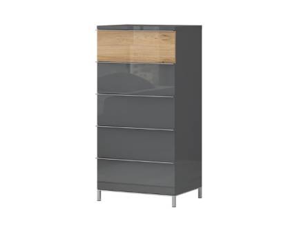Comoda cu 5 sertare ONYX 60x123x45cm antracit lucios/ nuc pacific, manere crom