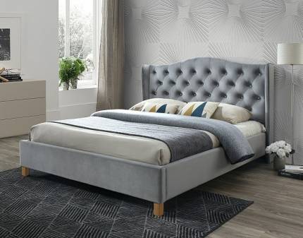 Pat tapitat cu somiera ASPEN VELVET 140/ 160/ 180cm catifea grey, picioare nuanta lemnului