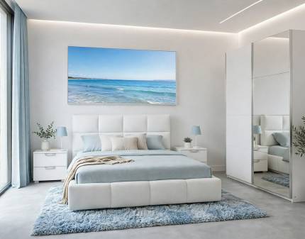 Set dormitor MOITA, ADITIO, ASTI pat cu somiera si lada pentru depozitare (180x200cm) ecopiele alba, Moita dulap 181x210x62cm alb alpin/ oglinda, Aditio set 2 noptiere alb alpin