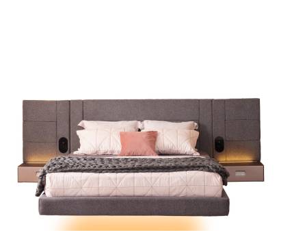 Pat tapitat PEGASUS 160x200 cm cu iluminare LED și design modern, efect de plutire