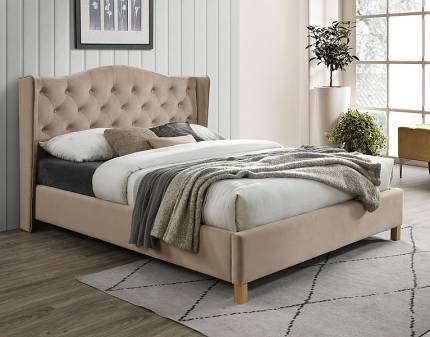 Pat tapitat cu somiera ASPEN VELVET (160x200cm) catifea beige, picioare nuanta lemnului