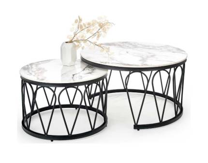Set 2 masute FORMOSA cu efect de marmura alba, metal negru 60xH40cm / 80xH47cm