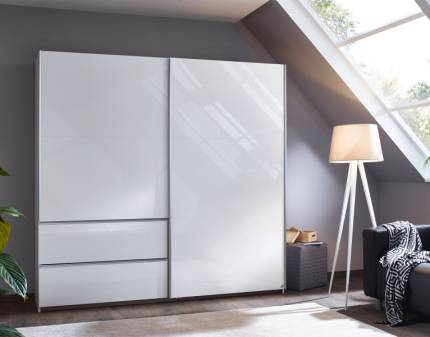 Dulap cu usi glisante si sertare SEVILLA 218x210x59cm alb alpin/ alb lucios, maner aluminiu