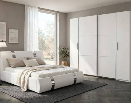 Set dormitor ATLANTIS + KRONACH II pat tapitat cu somiera si spatiu pt. depozitare ATLANTIS (160x200cm) ecopiele alba si dulap KRONACH II cu 2 usi glisante si 2 usi cu balamale 269x210x59cm alb alpin 