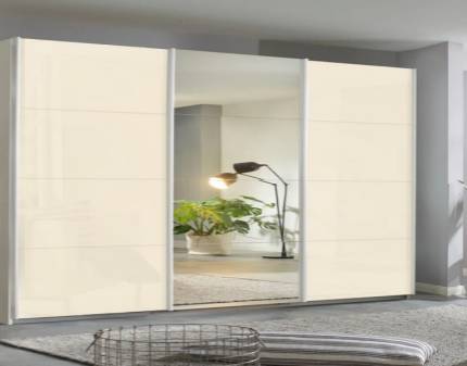 Dulap cu usi glisante KULMBACH 361x210x62cm alb alpin/ sticla champagne-oglinda configurabil