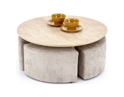 Masuta NUGAT din din MDF furniruit travertin/ nuc deschis, cu 4 tabureti tapitati light beige 80xH36cm