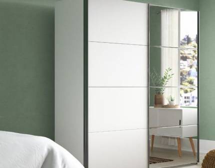 Dulap cu usi glisante MINOSA 137x197x48cm alb alpin/ oglinda, maner aluminiu