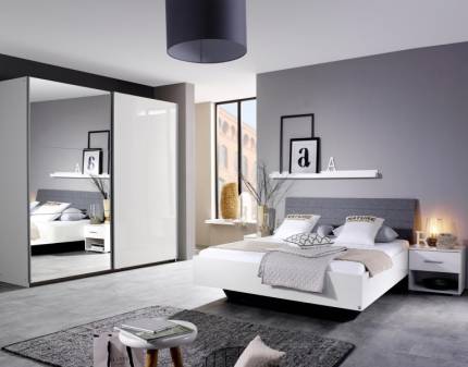 Cadru pat cu tablie tapitata HALLE (140x200cm) alb lucios + material textil gri