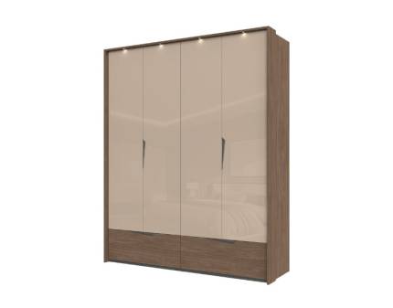 Dulap cu 4 usi cu balamale si 2 sertare LEFT 187x226x60cm Mokka HG lucios + Linkoln Walnut, manere incorporate antracit, cu rama passepartout cu LED