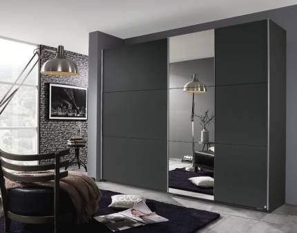 Dulap cu usi glisante KRONACH I 218x210x59cm gri metalic/ oglinda, maner aluminiu