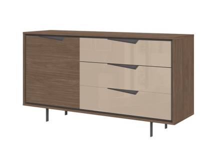 Comoda cu 1 usa si 3 sertare LEFT Mokka HG lucios + Linkoln Walnut, manere incorporate antracit si picioare metalice antracit