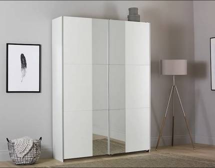 Dulap cu usi glisante FELLBACH 175x210x59cm alb alpin/ oglinda, maner aluminiu