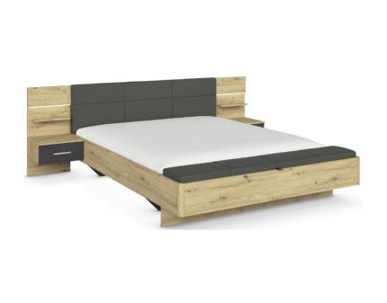 Cadru pat cu noptiere cu led incorporate MOSBACH (180x200cm) stejar Artisan/ gri metalic + ecopiele