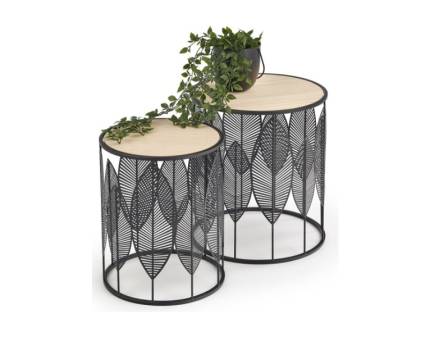 Set 2 masute FOLLA BLACK din MDF nuanta lemnului, metal negru 40xH45cm / 33xH40cm