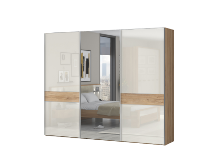 Dulap cu usi glisante GALA 272x224x61cm bej lucios/ nuc Pacific - oglinda, maner crom