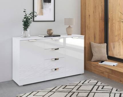 Comoda cu 2 usi si 4 sertare ADITIO GLAMOUR 140x81x42cm alb alpin/ alb lucios 