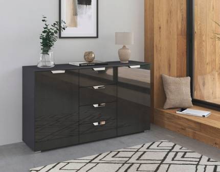 Comoda cu 2 usi si 4 sertare ADITIO GLAMOUR 140x81x42cm gri metalic/ gri metalic lucios 