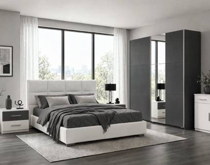 Set dormitor ASTI + KRONACH I + BARCELONA + FELLBACH pat tapitat cu somiera si lada pt. depozitare ASTI (180x200cm) ecopiele alba, dulap KRONACH I 218x210x59cm gri metalic/ oglinda, FELLBACH comoda 93x81x42cm alb alpin si 2 noptiere BARCELONA alb alpin/ gri metalic