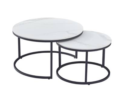Set 2 masute FERRANTE C din ceramica cu efect de marmura alba, metal negru 60xH38cm / 80xH42cm