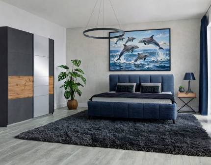 Set dormitor BOSTON EXTRA, LIZ I, RIVA SR cadru pat tapitat albastru (160x200cm), dulap BOSTON EXTRA 181x210x62cm gri metalic/ stejar - oglinda, Liz I masuta-noptiera cu un sertar