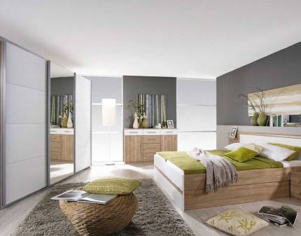 Set dormitor GANDRA Cadru pat cu 2 noptiere incorporate si sertare pentru depozitare (160x200cm), dulap 271x210x62cm cu oglinda, comoda 140x81x42cm cu 2 usi si 6 sertare stejar sanremo/ alb alpin 