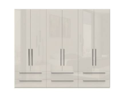 Dulap cu 6 usi cu balamale si 6 sertare PIANO BEIGE 272x224x56cm bej lucios, manere crom