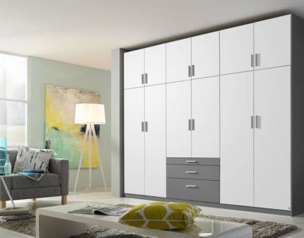 Dulap cu 12 usi cu balamale si 3 sertare HILDESHEIM EXTRA 271x229x54cm alb alpin/ gri metalic