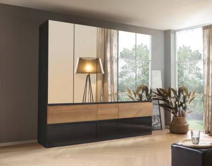 Dulap cu 5 usi cu balamale si 6 sertare WINNIPEG 226x210x56cm gri metalic/ gri lucios - halifax - oglinda