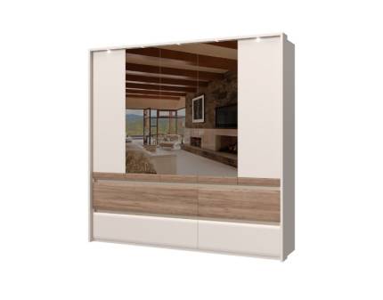 Dulap cu 5 usi cu balamale si 4 serare INVICTUS 232x226x60cm casmir/ stejar tabac - oglinda, rama passepartout cu LED