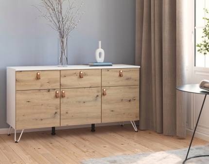 Comoda cu 3 usi si 3 sertare ADITIO HOMEY 140x73x43cm alb alpin/ stejar Artisan 