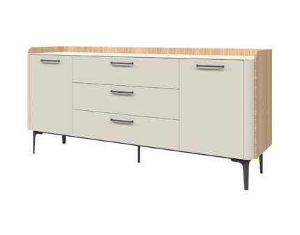 Comoda cu 2 usi si 3 sertare AIR 175x83x48cm Pepper White/ Stejar Furneo - sticla cu model de marmura Calcatta Oro, cadru, manere si picioare Antracit 