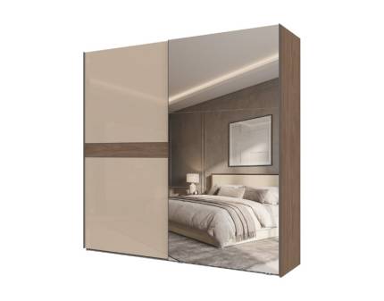 Dulap cu usi glisante LEFT 230x224x61cm Mokka HG lucios + Linkoln Walnut - oglinda, manere antracit