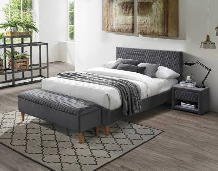 Pat tapitat cu somiera AZURRO VELVET 140 / 160cm catifea grey, picioare nuanta lemnului