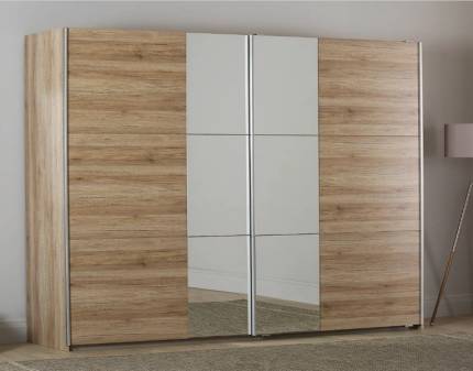 Dulap cu usi glisante FELLBACH 261x210x59cm stejar sanremo/ oglinda, maner aluminiu