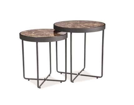 Set 2 masute MANTA din sticla cu efect de marmura, metal negru 45xH49cm / 40xH43cm